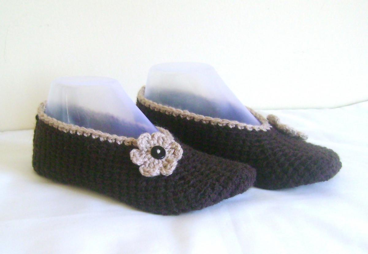 Brown Cream Wool Slippers Crochet Slippers Woman Slippers